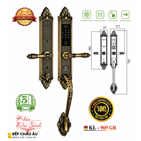 Khóa Đại Sảnh Kassler KL-969GR Đồng Nguyên Khối Màu Vàng Đen – Vân Tay, Mật Mã, Thẻ Từ, Tay Kéo Hoàng Gia