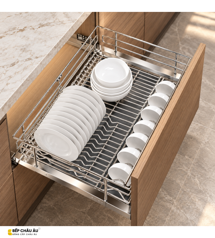 Giá Bát Đĩa Nan Oval Đa Năng Âm Tủ EUROGOLD Inox 304 – Gắn Cánh, Ray Giảm Chấn