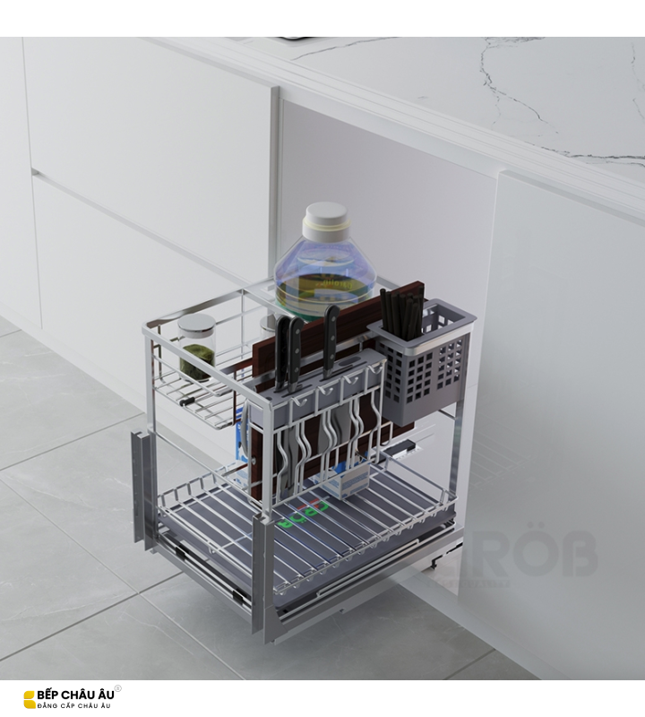 Kệ Đựng Dao Thớt Mix Oval GRÖB Inox SUS304 Xước Mờ – Ray Âm Giảm Chấn
