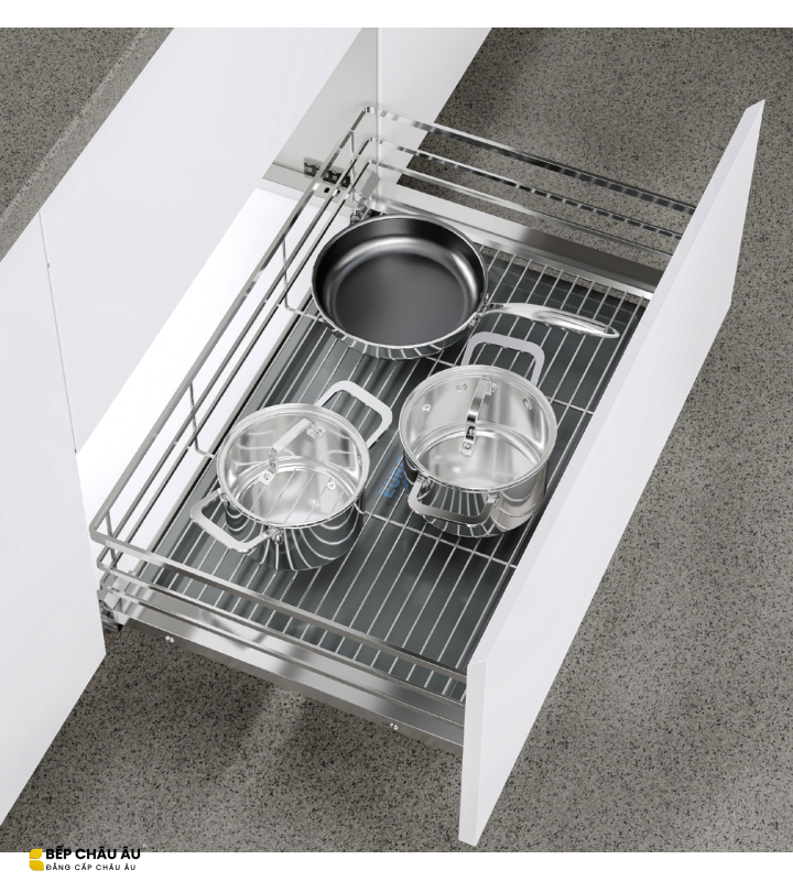 Giá Xoong Nồi Nan Dẹt Inox Mờ EUROGOLD 304 – Gắn Cánh Âm Tủ Cao Cấp