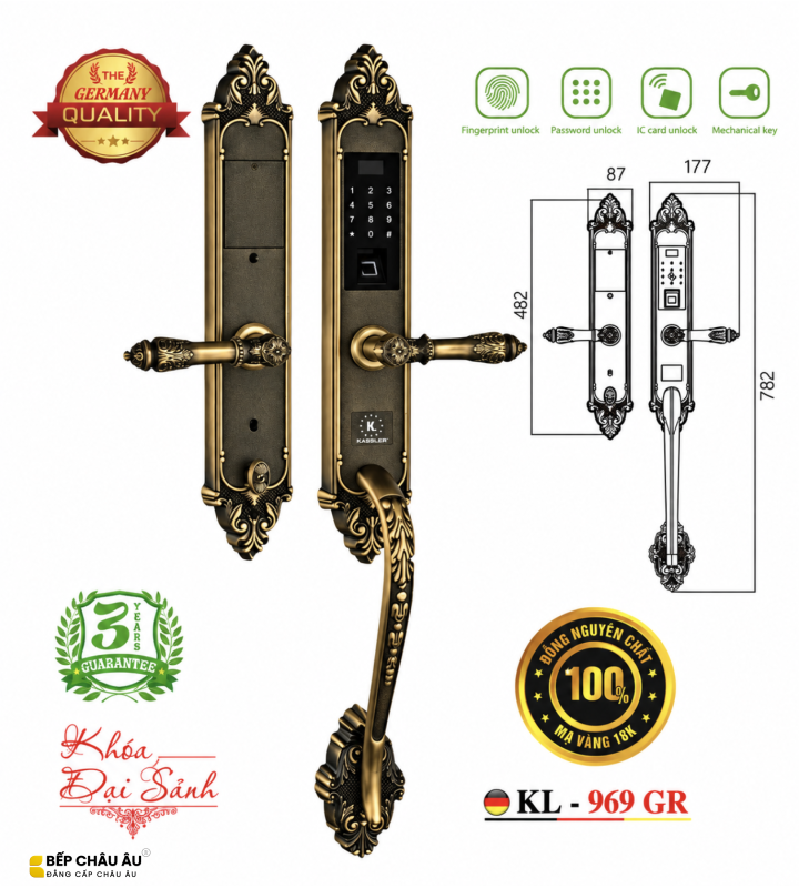 Khóa Đại Sảnh Kassler KL-969GR Đồng Nguyên Khối Màu Vàng Đen – Vân Tay, Mật Mã, Thẻ Từ, Tay Kéo Hoàng Gia